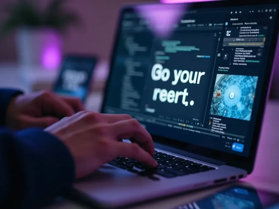 Руки набирают промпт для видео Sora 2, пока на экране рендерится кинематографичный результат
