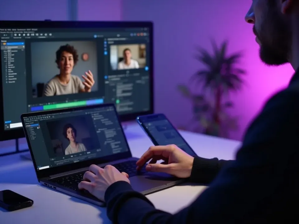 Профессионал создает и редактирует видео для LinkedIn с титрами на экране