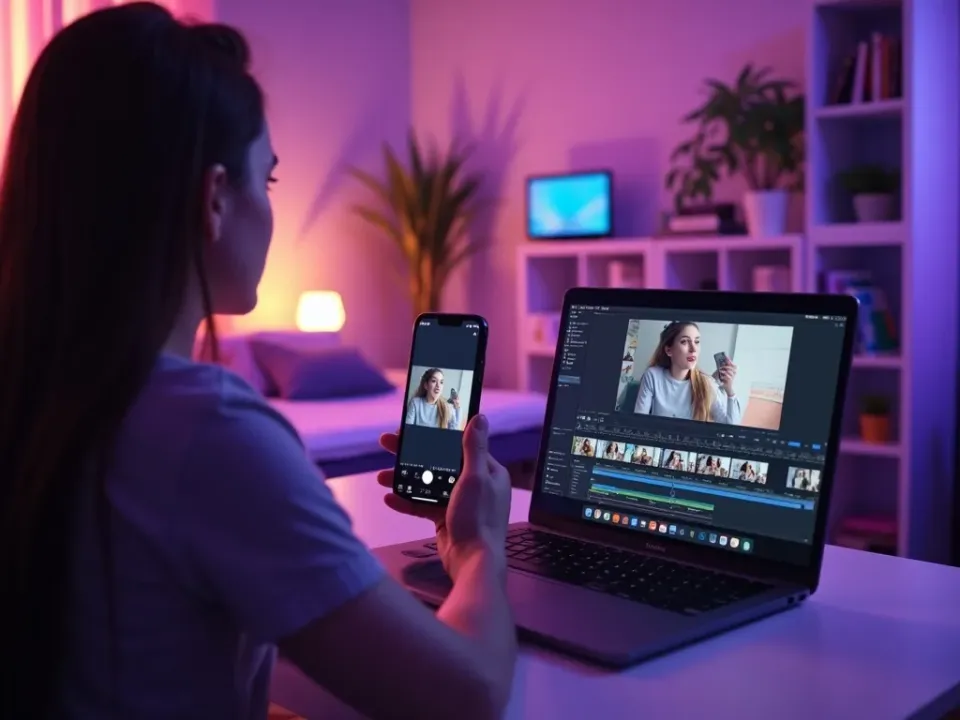 Креатор создает и редактирует вертикальное видео для Snapchat на экране